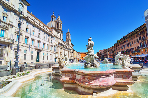 The Fontana del Moro (Moor Fountain) at Piazza Navona in Rome, Italy