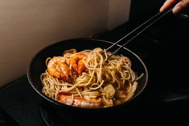 Cooking Prawn Pasta Spaghetti High Resolution Stock Photo stock photo