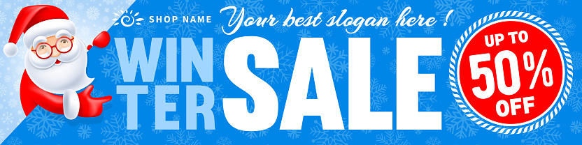 Christmas and New Year winter sale advertising banner template. Happy Santa peek out behind banner and points to text. Place for text, percentage sign. Snowflakes on background. Vector illustration