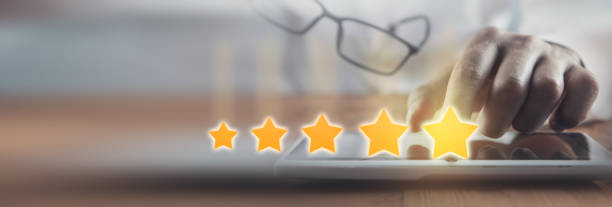 istock Man showing 5 star. Service rating. Satisfaction 1435613561