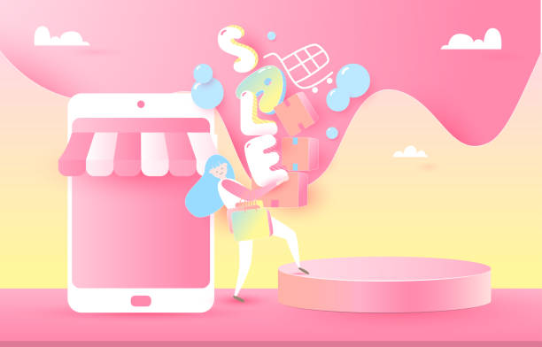 istock Podium for placing products. Shopping pink background. Sale, Shopping cart, Expression, smart phone 1435614340