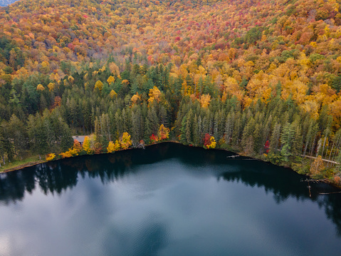Aerial view of fall colors along a lake near Asheville in the Blue Ridge Mountains of North Carolina.