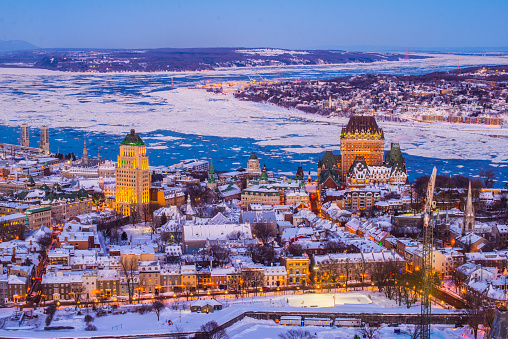 Aerial view of snow covered Krakow in Poland