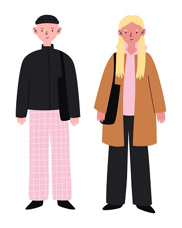 Young girl and boy in warm clothes and hat. Autumn and winter street style. Generation Z character. Modern fashion outfit. Vector flat illustration.