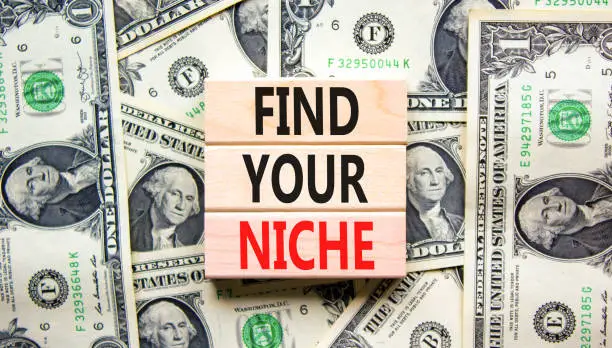 Find your niche symbol. Concept words Find your niche on wooden blocks. Dollar bills. Beautiful background from dollar bills. Business and find your niche concept. Copy space.