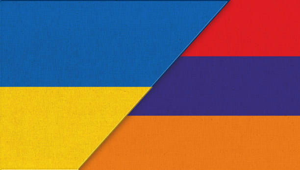 bandera de ucrania y armenia - ilustración en 3d. banderas armenias y urkainianas - 16710 fotografías e imágenes de stock