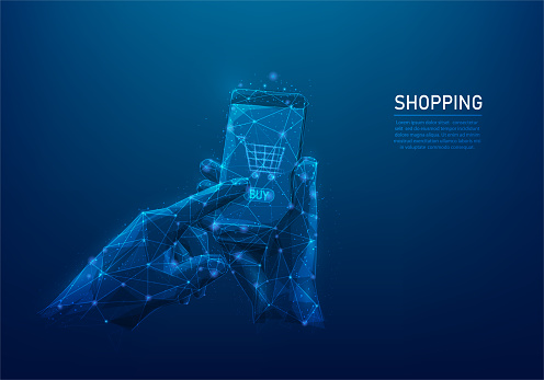 shopping online and digital low poly wireframe. e-commerce concept. hand holding mobile buy online. isolated on blue dark background. consisting of dots, lines, and shapes. vector illustration.