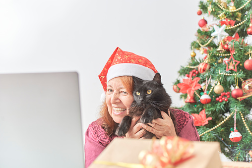 Mature latin woman and cat greeting her loved ones via video call at Christmas. Concepts: pets as part of the family, the joy of sharing during holidays, the use of technology and social media