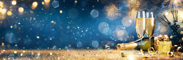 New Year Celebration - Toast With Champagne And Fireworks stock photo