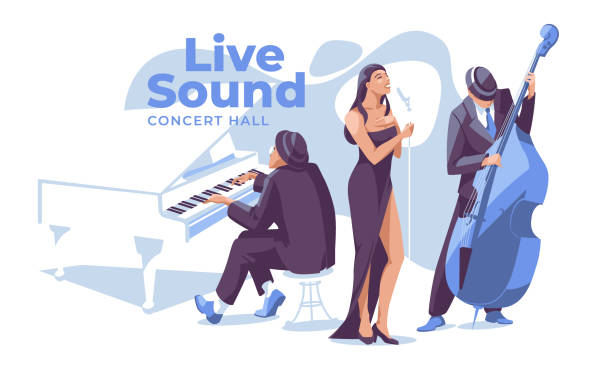 istock Jazz, rockabilly or classical music group: female singer, pianist, double bass player, isolated on white background. Music concert, performance and festival. flat vector illustration 1435644281