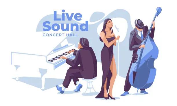 Vector illustration of Jazz, rockabilly or classical music group: female singer, pianist, double bass player, isolated on white background. Music concert, performance and festival. flat vector illustration