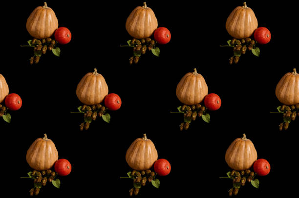 Whole organic pumpkins of various sizes and hop cones - humulus lupulus, on black background. Craft from autumn seasonal vegetables - witch on a broomstick. Halloween Thanksgiving. Copy space. Pattern