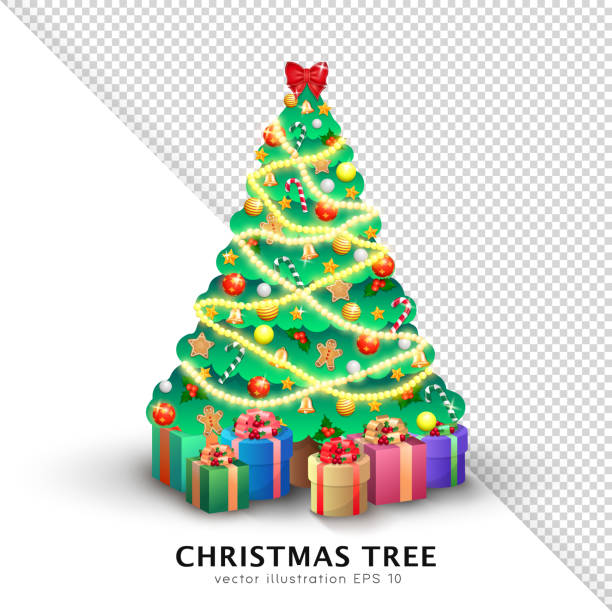 Green decorated Xmas tree on transparent background Shiny vector Christmas tree with decorations - colorful baubles, candies, bells, gingerbread, holly berries and red bow. Green Xmas fir, pine with colorful gifts isolated on transparent background multiple christmas trees stock illustrations