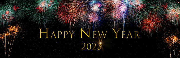 2023 Happy New Year, Colorful golden holiday festival celebration fireworks with text.