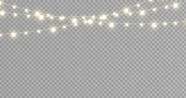 Vector illustration of Christmas lights isolated realistic design elements. Glowing lights for Xmas Holiday cards, banners, posters, web design. Stock royalty free vector illustration. PNG