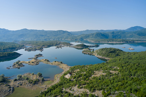 Aerial view of salt lake of Slano with islands in Montenegro