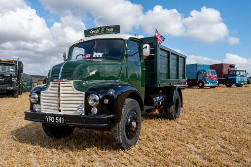 Tarrant Hinton.Dorset.United Kingdom.August 25th 2022.A restored first generation Leyland tipper truck is on display at the Great Dorset Steam Fair