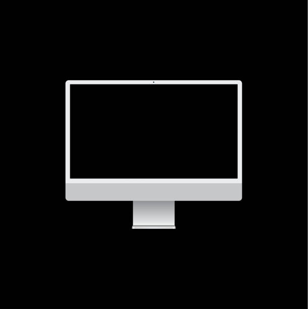 White realistic desktop computer template with black screen similar to imac mockup on isolated background