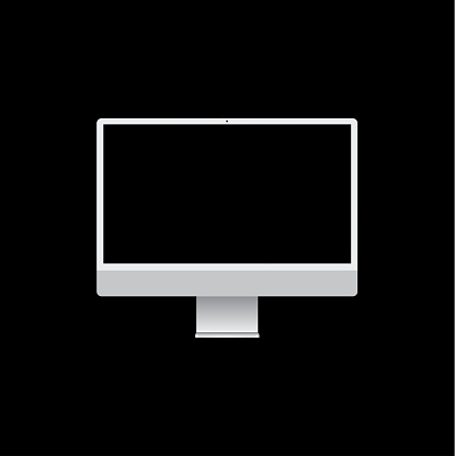 White realistic desktop computer template with black screen similar to imac mockup on isolated background