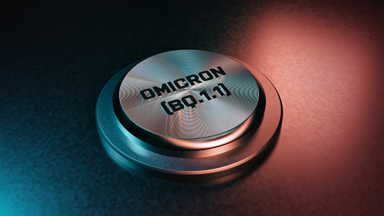 Shiny Metallic Button with text Omicron virus variant - 3d rendered image, design background element. 
Abstract COVID-19 omicron variant information concept. Next  pandemic wave.
Viral Infection concept. Omicron (B.1.1.529) (BQ.1.1) variant. Sars-cov-2, 2019-nCoV, Coronavirus, Pandemic.
B117 - COVID-19 Variant,
SARS-CoV-2 BA.2 Variant,
SARS-CoV-2 BA.5 Variant,
SARS-CoV-2 Omicron Variant,
SaRS-CoV-2 Deltacron Variant