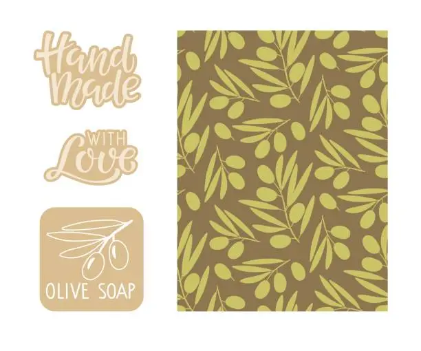 Vector illustration of Packaging for olive cosmetics in rustic style. Labels for handmade olive cosmetics or soap and seamless olive sketch pattern. Vector flat Illustration for home made natural organic product cosmetic