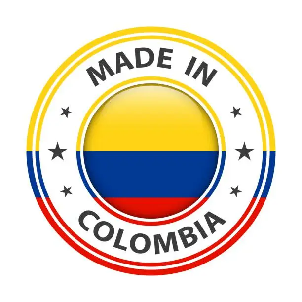 Vector illustration of Made in Colombia badge vector. Sticker with stars and national flag. Sign isolated on white background.