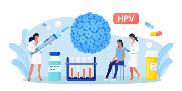HPV vaccination for reduce virus infection risk or oncology. Human papillomavirus. HPV infection medication. Doctor vaccinate against cervical cancer. Scientist analyzing infected cells