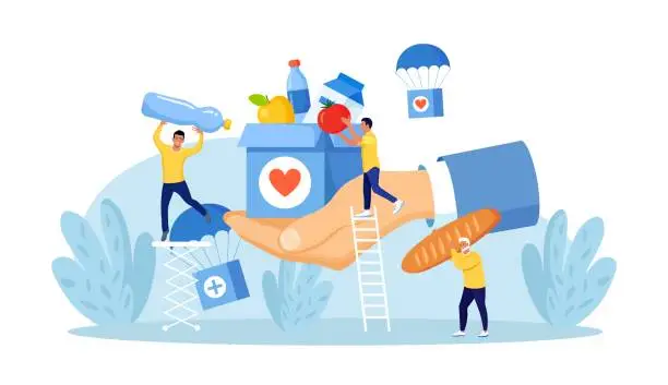 Vector illustration of Humanitarian Aid, Food Donation for Poor People, Refugees. Team of Volunteers Collecting Help Boxes to Shelters, Filling Cardboard Donation Box with Products, Groceries. Charity People Sharing Food