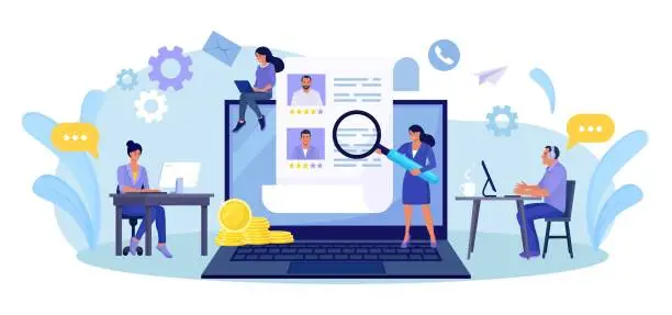 Vector illustration of HR Managers Choosing Best Candidate for Job, Searching New Employee. Recruitment, Hiring Process. Online Job interview. Resume of Candidates on Laptop Screen