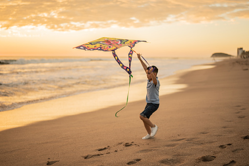 Boy playing with kite at the beach