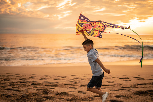 Boy holding a kite at the beach
