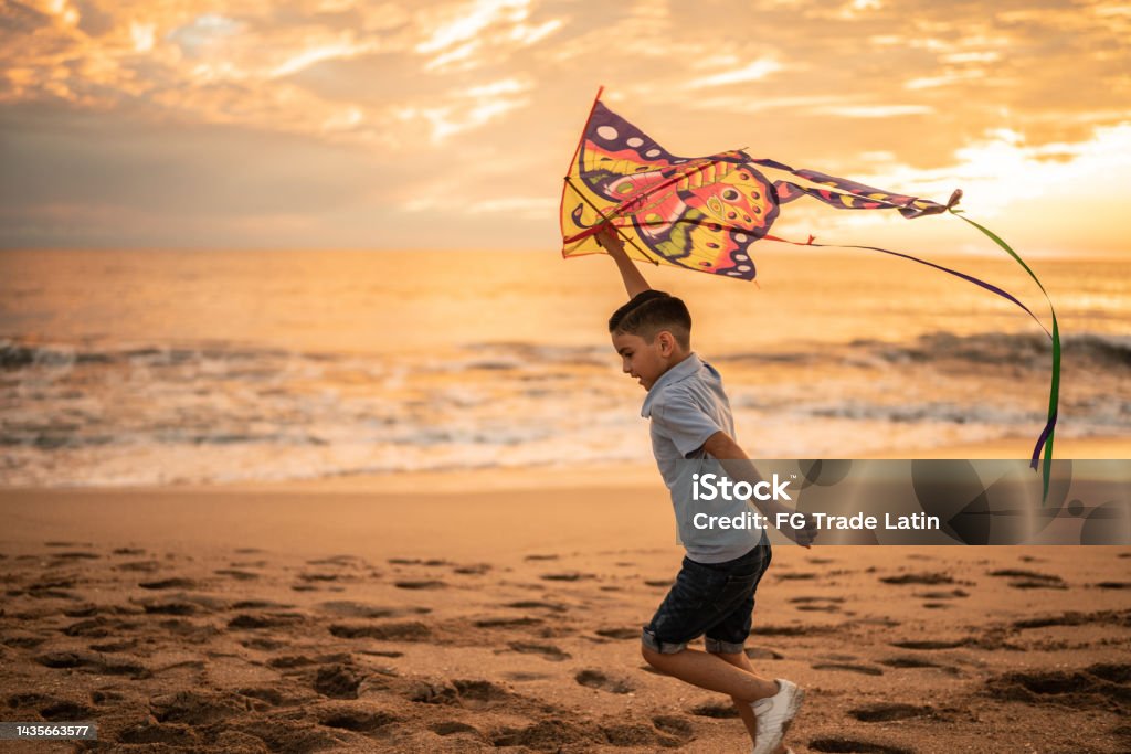 Boy holding a kite at the beach Kite - Toy Stock Photo