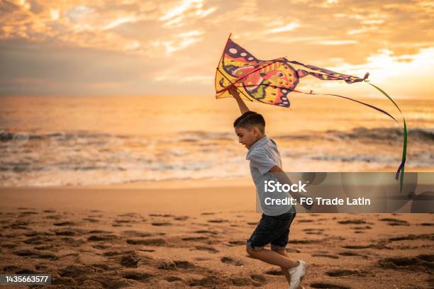Boy Holding A Kite At The Beach Stock Photo - Download Image Now - Kite - Toy, Beach, Flying