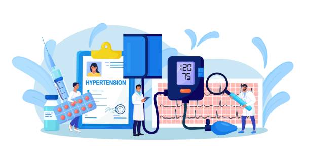 High blood pressure. Medical examination and cardiology checkup. Tiny doctors measuring patient blood pressure using sphygmomanometer. Hypotension and hypertension disease treatment, prevention vector art illustration