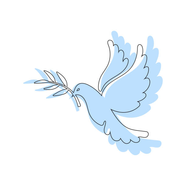 blaue taubensilhouette, friedenstaube mit olivenzweig. vektor handgezeichnete illustration für den weltfrieden. - friedenstaube stock-grafiken, -clipart, -cartoons und -symbole