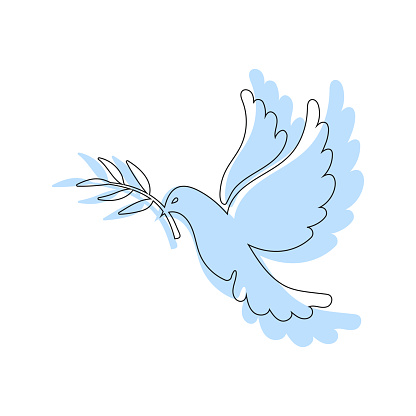 Blue pigeon silhouette, dove of peace with olive branch. Vector hand drawn illustration for world peace, help and support.