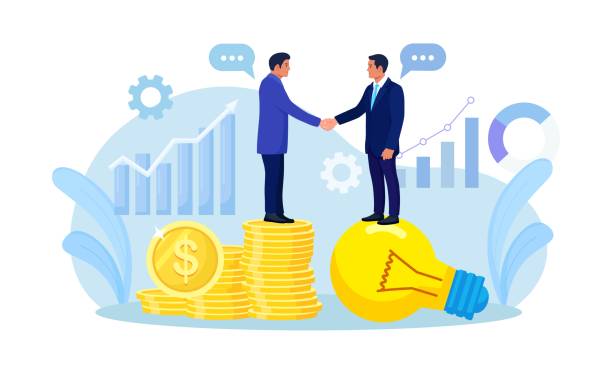 Entrepreneur businessman standing on browser and internet device lightbulb benefits plan shaking hands with VC on money coins stack. Successful business negotiation, partnership. Selling startup business or merger agreement Entrepreneur businessman standing on lightbulb shaking hands with VC on money coins stack. Successful business negotiation, partnership. Selling startup business or merger agreement  create Benefit Plans stock illustrations