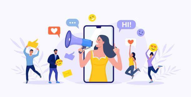 Beautiful woman shouting in megaphone and young people, followers surrounding her with social media icons. Influencer or blogger on phone screen. Internet marketing, social network promotion, SMM. vector art illustration