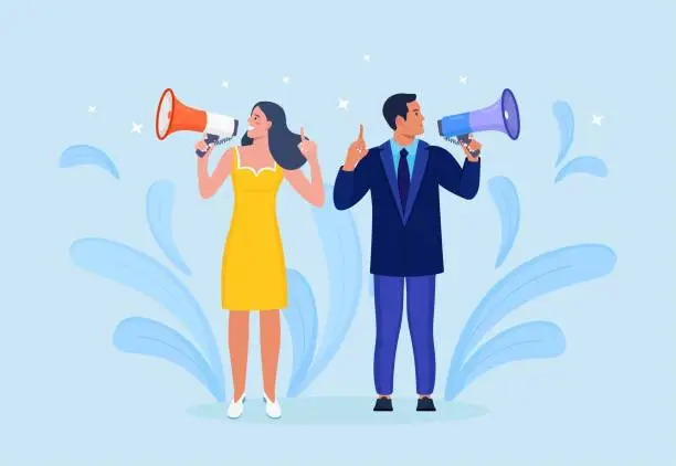 Vector illustration of Business people holding megaphone and shouting through it. Announcement of good news. Attention please. Speaker with loudspeaker, bullhorn. Advertising and promotion. Social media marketing