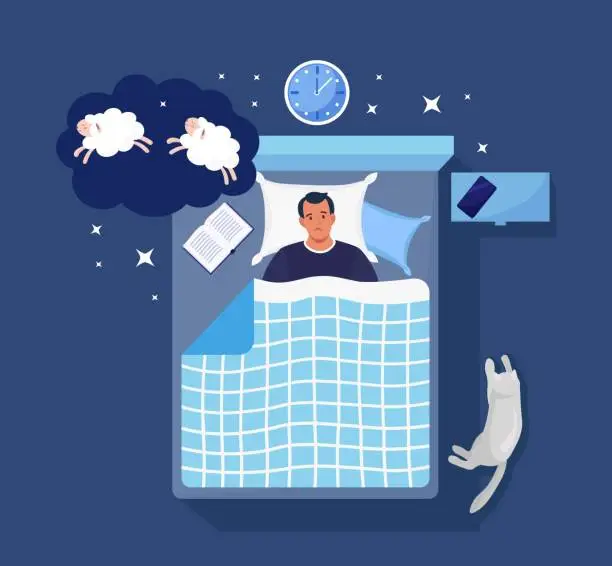 Vector illustration of Young man suffers from insomnia. Person lying in bed trying to fall asleep and counting sheep. Male character with sleep disorder, sleeplessness, mental problem.