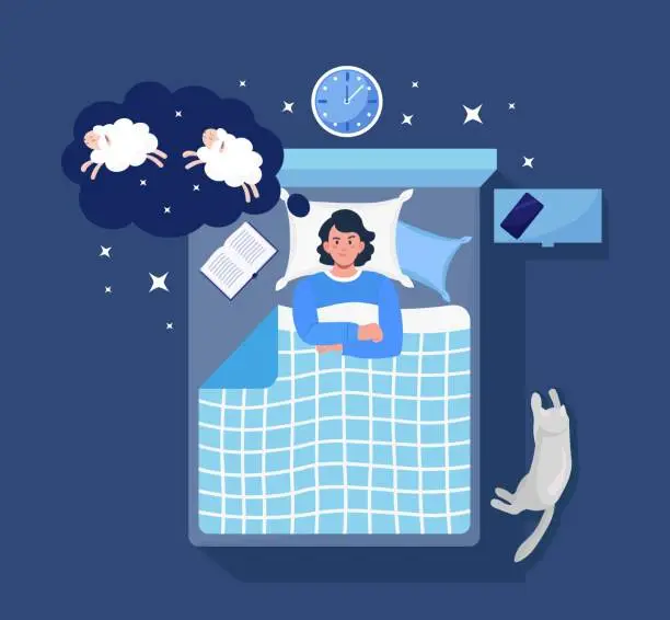 Vector illustration of Young woman suffers from insomnia. Person lying in bed trying to fall asleep and counting sheep. Female character with sleep disorder, sleeplessness, mental problem
