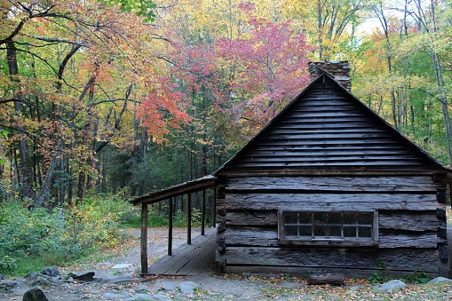 Historic cabin-farmhouse in leafy glen with autumn colored trees in background