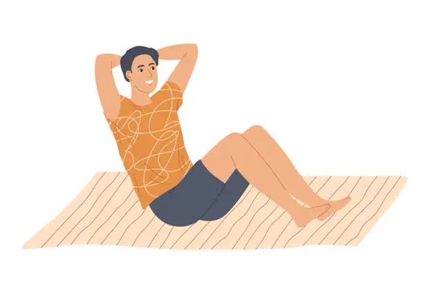 Vector illustration of Man doing situps abs crunches at home