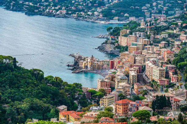 Aerial view of the village of Camogli on the italian Riviera in Italy