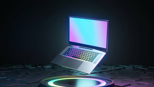 istock Game Laptop computer with glow color light on dark background. 3D illustration rendering. 1435672874