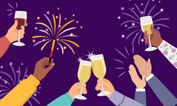 People Toasting With Wine Or Champagne Hands toasting with wine or champagne on a dark purple base for celebration or New Years eve. new years eve party stock illustrations