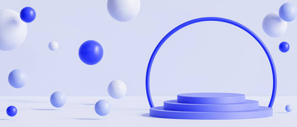 istock Podium or pedestal with blue spheres, 3d render 1435678282