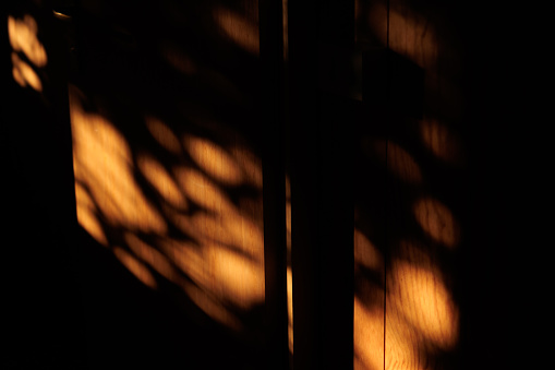 close up view of the orange and warm rays of the sunlight at sunset illuminating a wooden wall