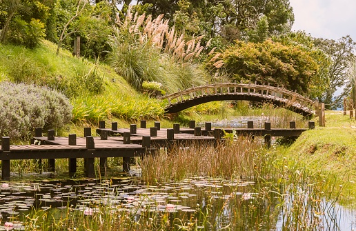 Campos do Jordão, São Paulo - Brazil - February 13, 2018: Wooden bridge and deck in the Japanese garden of Amantikir park.
