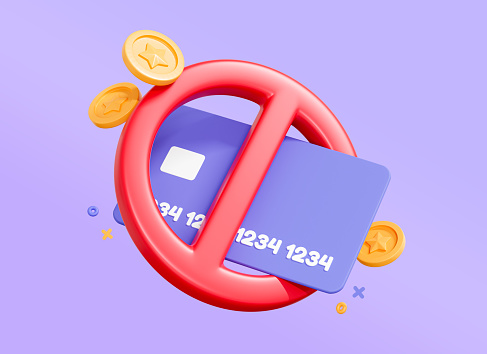 3D Blocked bank credit card for payment and transactions. Swift transfer is not available. Declined payment concept. Cartoon creative design icon isolated on purple background. 3D Rendering